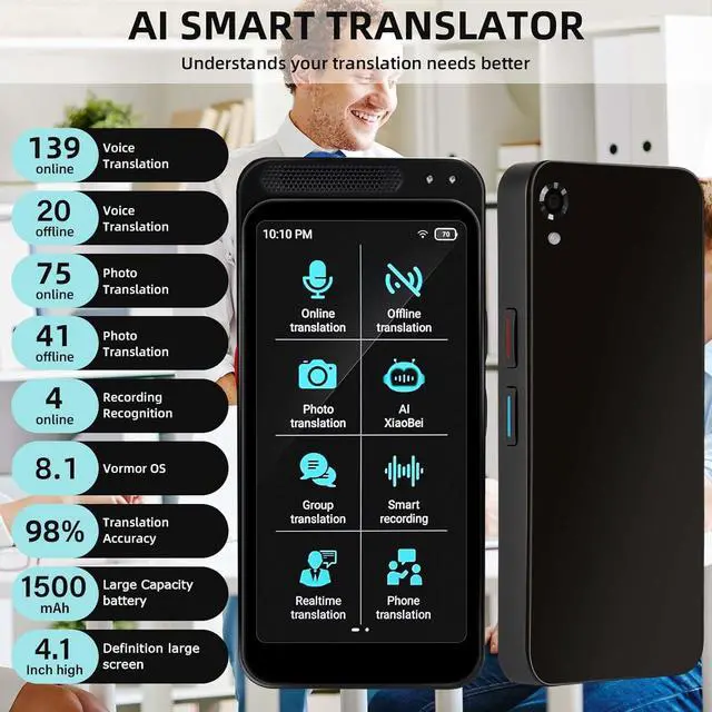 Alt view image 2 of 7 - AI Language Translator Device with Offline Voice and Photo Translation, Supports 139 Languages, No WiFi Needed, High Accuracy Instant Real Time Translator with ChatGPT for Travel and Business