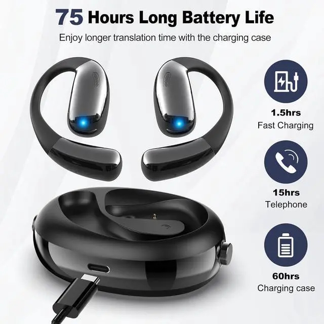 Alt view image 6 of 7 - Ai Translation Earbuds Real Time, 3 in 1 Ai Language Translator Earbuds, HD Sound, 75hrs Playtime Bluetooth Headphones for Business/Learning/Travel, BlackNo Subscription Fee
