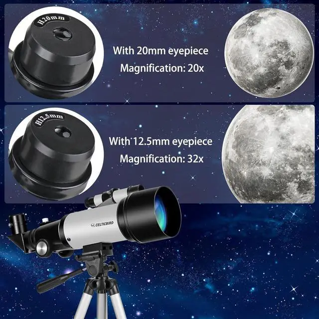 Alt view image 2 of 7 - Telescope for Kids Beginners, 70mm Aperture 400mm Astronomical Refracting Telescope for Adults Students - Travel Telescopes with Tripod, Phone Adapter(Silver)