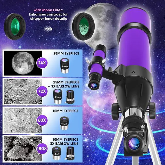 Alt view image 3 of 7 - Telescope, Telescope for Adults & Kids & Astronomy Beginners, 80mm Aperture 600mm Portable Refractor Telescopes Fully Multi-Coated Optics with AZ Mount Tripod, Phone Adapter and Moon Filter