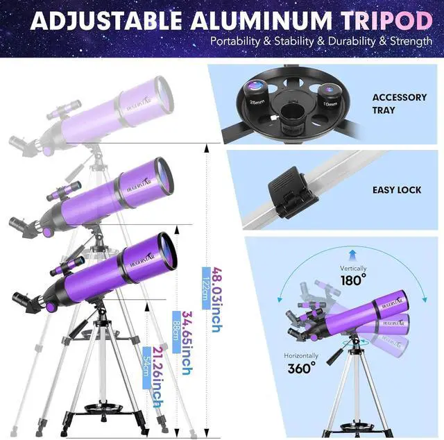 Alt view image 4 of 7 - Telescope, Telescope for Adults & Kids & Astronomy Beginners, 80mm Aperture 600mm Portable Refractor Telescopes Fully Multi-Coated Optics with AZ Mount Tripod, Phone Adapter and Moon Filter