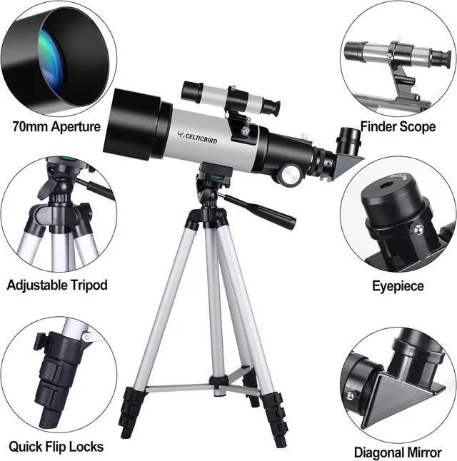 Alt view image 4 of 7 - Telescope for Kids Beginners, 70mm Aperture 400mm Astronomical Refracting Telescope for Adults Students - Travel Telescopes with Tripod, Phone Adapter(Silver)