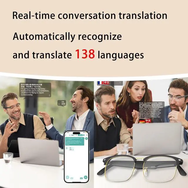 Alt view image 2 of 7 - AI Translator Glasses, Smart Simultaneous Interpretation Glasses, Language Translator Device Supports 138 Languages, Anti Blue Light Lenses, AI smart Glasses for Men/Women for Travel,Business (Sliver)