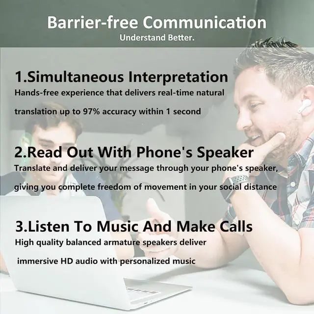 Alt view image 3 of 7 - Language Translator Earbuds - Two-Way Translator Device - Offline Translation, Support 127 Languages Simultaneous Translation, Music and Calling 3-in-1 Wireless Translator Device (Black)