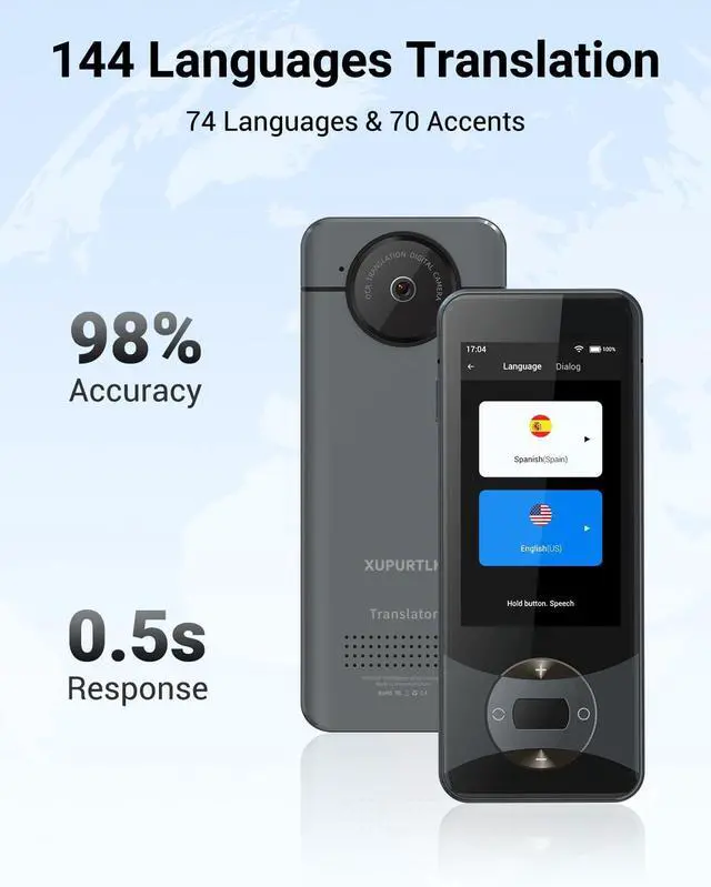 Alt view image 2 of 7 - XUPURTLK Language Translator Device, Voice Translator Device Two Way, 144 Languages Real-Time Translator Device No WiFi Needed, Offline & Recording & Photo Translation for Travel, Business, Learning