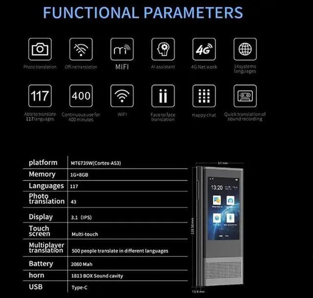 Alt view image 5 of 7 - Mini Smart Voice Translator - rts 117 Languages, 12 Offline Languages, WiFi/Hotspot Connectivity, Touch Sn, Photo Translation, and 43 Country rt