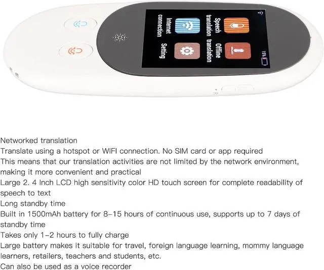 Alt view image 4 of 7 - Language Translator Device, Portable Voice Instant Translation, 2.4inch LCD Touch Sn, rt 126 Different Languages Accents, Online Offline, for Travel Business Learning