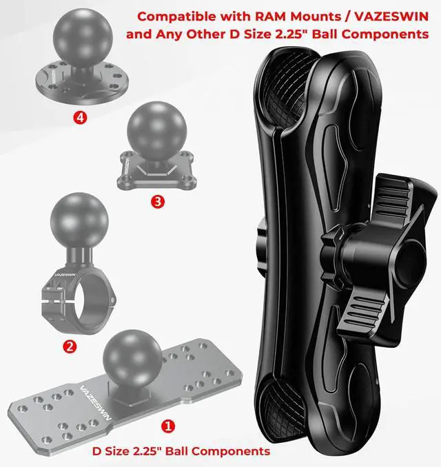 Alt view image 4 of 7 - 2.25" Ball Large Double Socket Arm, 8.44" Length Aluminum Alloy Heavy-Duty Medium Arm, Compatible with RAM Mounts D Size 2.25" Ball Components, for Fish Finder Mount, Marine Electronic Mount