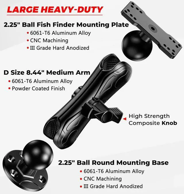 Alt view image 2 of 7 - 2.25" Ball Large Aluminum Alloy Fish Finder Mount with D Size Rectangular Plate & Round Base, 8.44" Medium Arm Marine Electronic Mount Compatible with Garmin, Lowrance, Humminbird and More