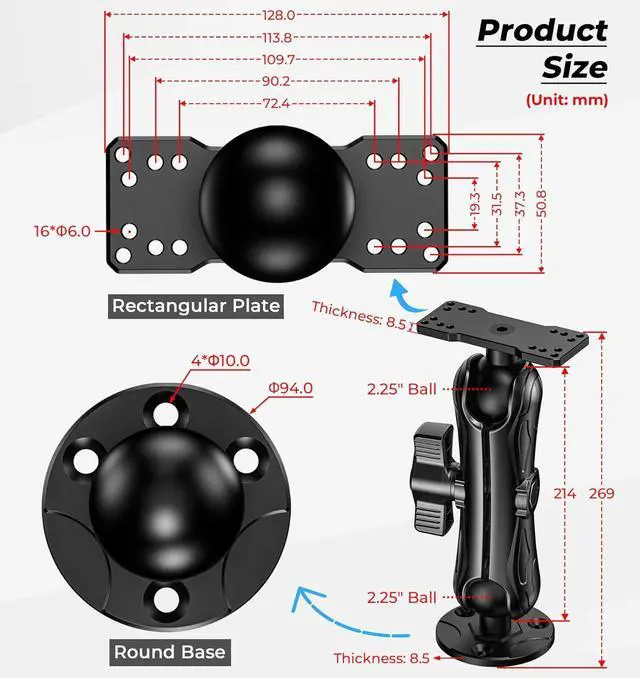 Alt view image 4 of 7 - 2.25" Ball Large Aluminum Alloy Fish Finder Mount with D Size Rectangular Plate & Round Base, 8.44" Medium Arm Marine Electronic Mount Compatible with Garmin, Lowrance, Humminbird and More
