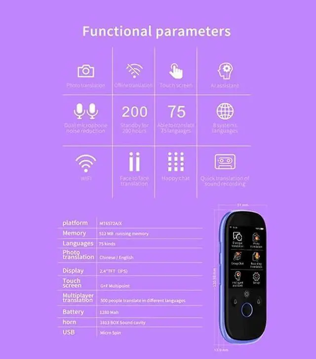 Alt view image 2 of 7 - Language Translator Device,75 Languages Mini Smart Voice Translator, 5 Languages Offline Translator WiFi/Hotspot Touch Sn Pocket Translator Purposiveness
