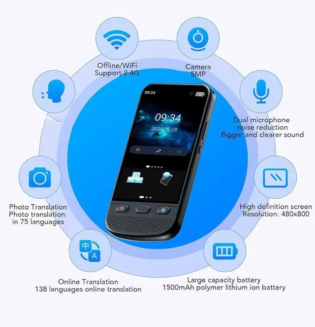 Alt view image 4 of 7 - Language Translator Device, 138 Languages Two Way Real Time Voice Translation Built in 1GB + 8GB Memory, Large Screen Pocket Translator Support Voice Text Photo Translation