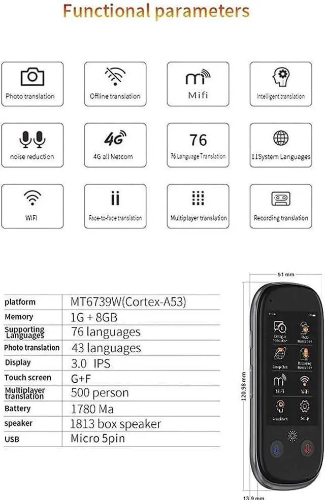 Alt view image 2 of 7 - Two-Way Offline Translator Device, Intelligent Language Translator Device with Voice 3.0-inch Touch Screen for Learning Travel and Shopping in 76 Languages