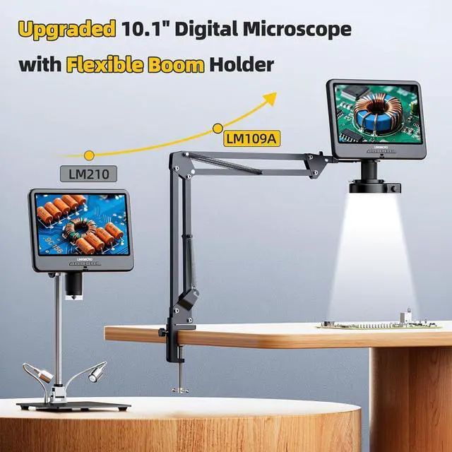Alt view image 2 of 7 - LM109A 10.1 inch Digital Microscope with Flexible Arm Stand | 1080P Video, Soldering Microscope for Electronics, 56 LED Ring Light, 260X Full View Coins Magnifier for Adults, PC View