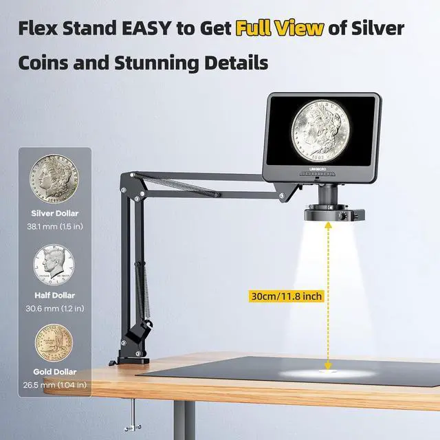 Alt view image 4 of 7 - LM109A 10.1 inch Digital Microscope with Flexible Arm Stand | 1080P Video, Soldering Microscope for Electronics, 56 LED Ring Light, 260X Full View Coins Magnifier for Adults, PC View