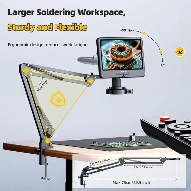 Alt view image 3 of 7 - LM109A 10.1 inch Digital Microscope with Flexible Arm Stand | 1080P Video, Soldering Microscope for Electronics, 56 LED Ring Light, 260X Full View Coins Magnifier for Adults, PC View