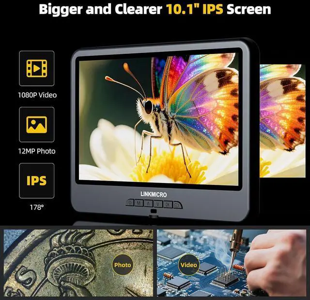 Alt view image 7 of 7 - LM109A 10.1 inch Digital Microscope with Flexible Arm Stand | 1080P Video, Soldering Microscope for Electronics, 56 LED Ring Light, 260X Full View Coins Magnifier for Adults, PC View