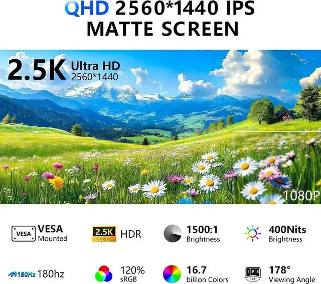 Alt view image 2 of 7 - 24 2.5K 2560 * 1440 Portable Monitor 180Hz 120% sRGB USB-C HDMI Large Gaming Second Extender Display Monitor Adjustment Stand for MacBook Laptop,Camera,Desktop,PS5/4, Xbox, Switch,Phone