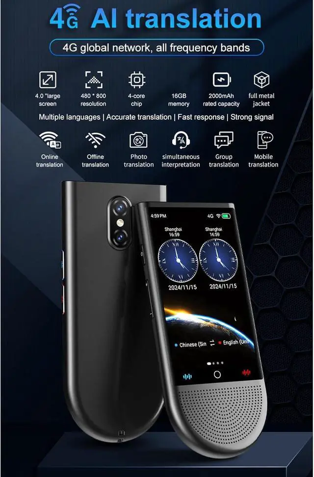 Alt view image 3 of 7 - AI Language Translator Device, Real Time Language Translator with 138 Languages, 4in Touchscreen 1GB 16GB, Camera Online Offline AI Voice Translation for Business, Learning,
