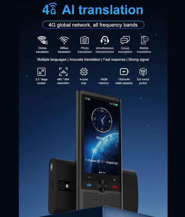 Alt view image 2 of 7 - Language Translator Device, 1GB +16GB 138 Languages Offline Online Voice Photo Translation, Real Time Two Way Translation Device with 3.5in Touch Screen, for Travel Business