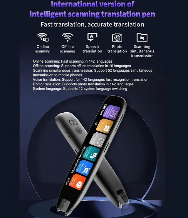 Alt view image 2 of 7 - WiFi Translation Pen 3.7 Inch Touchscreen Voice Translator 142 Languages Online Scanning Reading for Office Travel Study Black