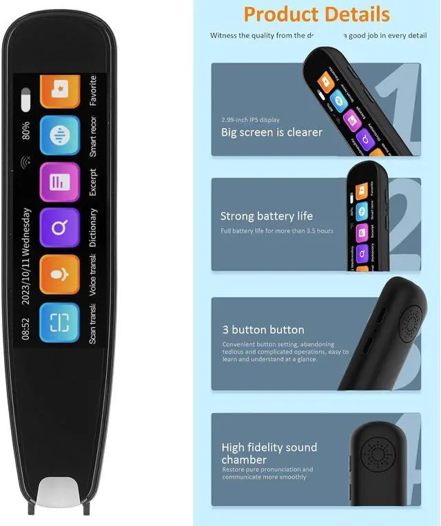 Alt view image 3 of 7 - Scan Reader Pen, 2 Way Wi - Fi Text to Sp Device, 2.99 Inch Touch Screen, 131 Languages Translator Device Support Offline Translation