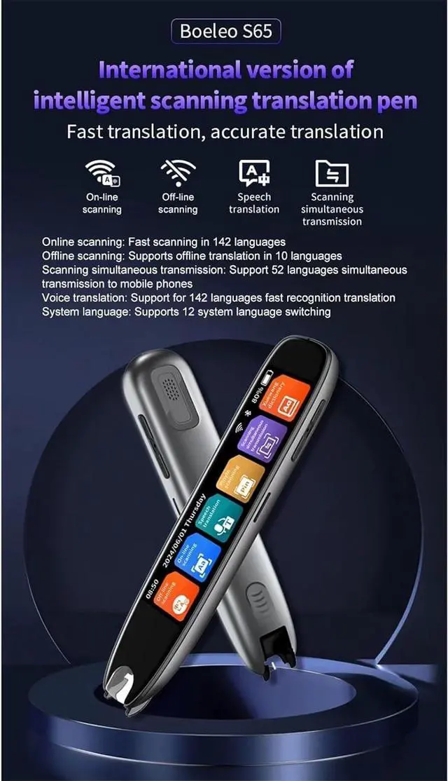 Alt view image 5 of 7 - Scan Reader Pen, S65 Translation Pen Real Time ligent Text Scanning Point Reading Learning Smart Voice Translator Device Recording Pen for Dyslexia, Elderly, Kids, Students