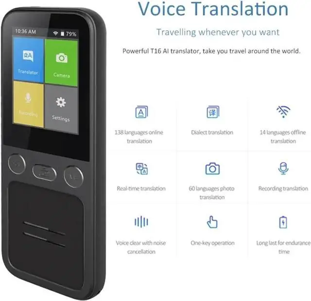 Alt view image 4 of 7 - T16 AI Voice Real Time Translator Machine 138 Multi Online Languages Voice-Record 3.1 Inch Big Screen Portable Offline Tradutor