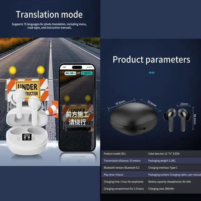 Alt view image 5 of 7 - B11 Intelligent Voice Translation Headset - Binaural Chinese-English Translator - Multi-Language Bluetooth Simultaneous Translation Translator (White)