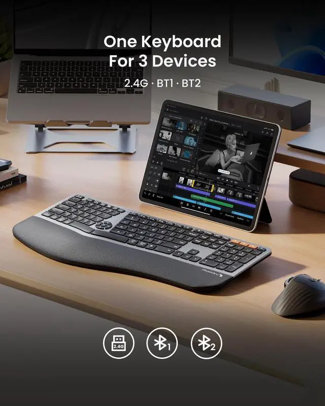 Alt view image 4 of 7 - ProtoArc Backlit Wireless Ergonomic Keyboard, EK01 Plus Full Size Ergo Split Keyboard with Wrist Rest, USB-C Charging, Bluetooth and USB, Natural Typing Compatible with Windows/Mac/Android