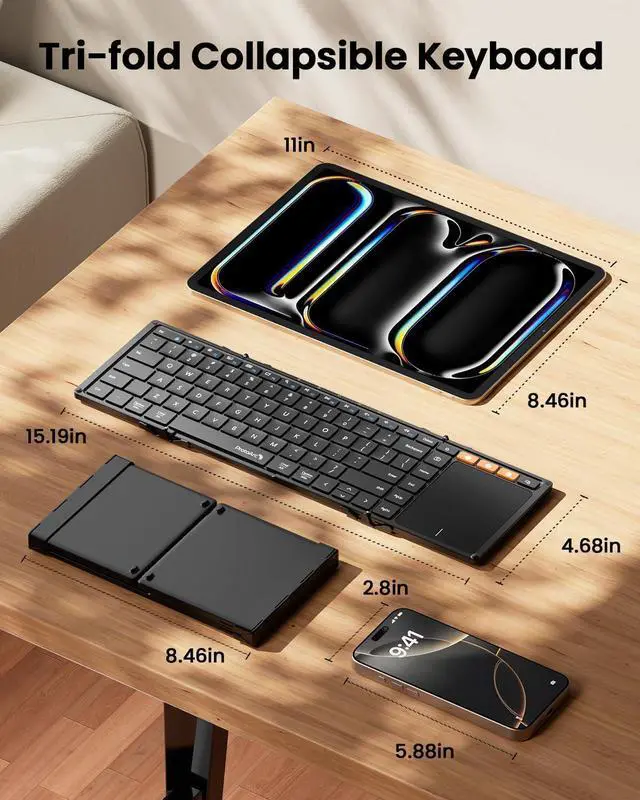 Alt view image 3 of 7 - ProtoArc Foldable Bluetooth Keyboard with Touchpad, XK01 TP Portable Folding Keyboard for Travel, Full Size Keys, Large Trackpad Bluetooth Keyboard for iPad Laptop PC Tablets - Black