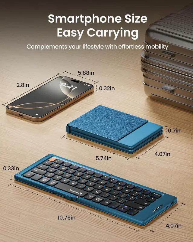 Alt view image 2 of 7 - ProtoArc Foldable Compact Keyboard, XK04 Portable Bluetooth Keyboard with PU Leather Cover, Pocket-Sized Wireless Travel Keyboard for iPad, iPhone, Smartphone, Tablet and LaptopBlue
