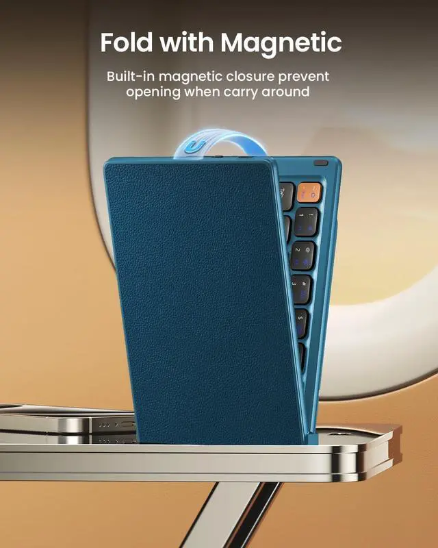 Alt view image 3 of 7 - ProtoArc Foldable Compact Keyboard, XK04 Portable Bluetooth Keyboard with PU Leather Cover, Pocket-Sized Wireless Travel Keyboard for iPad, iPhone, Smartphone, Tablet and LaptopBlue