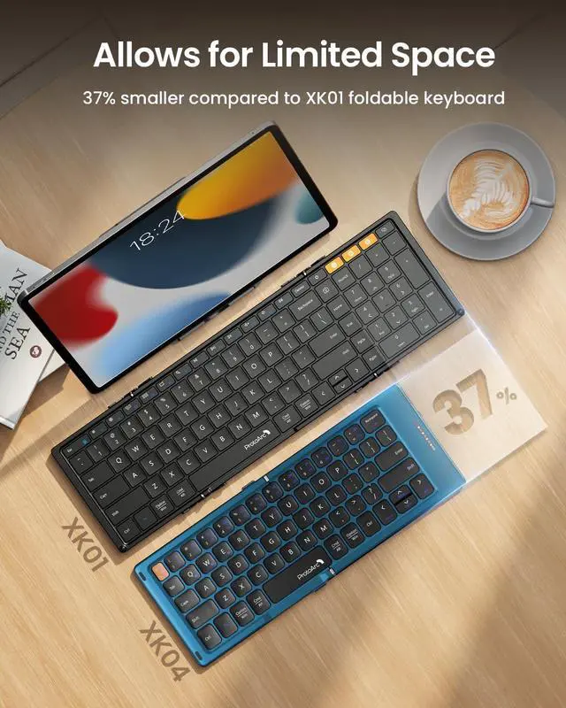 Alt view image 6 of 7 - ProtoArc Foldable Compact Keyboard, XK04 Portable Bluetooth Keyboard with PU Leather Cover, Pocket-Sized Wireless Travel Keyboard for iPad, iPhone, Smartphone, Tablet and LaptopBlue