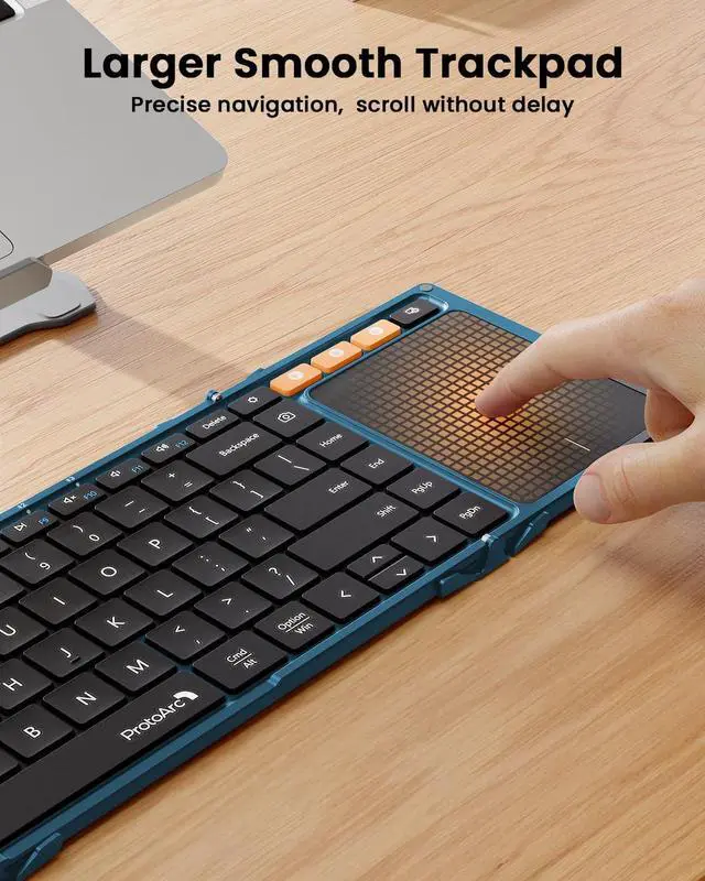 Alt view image 2 of 7 - ProtoArc Foldable Bluetooth Keyboard with Touchpad, XK01 TP Portable Folding Keyboard for Travel, Full Size Keys, Large Trackpad Bluetooth Keyboard for iPad Laptop PC Tablets - Blue