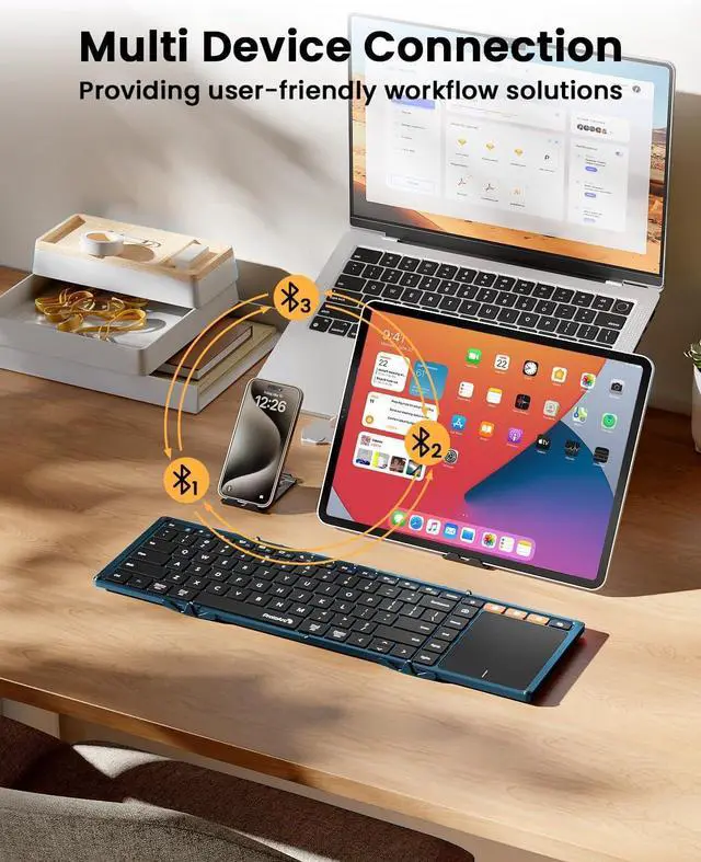 Alt view image 6 of 7 - ProtoArc Foldable Bluetooth Keyboard with Touchpad, XK01 TP Portable Folding Keyboard for Travel, Full Size Keys, Large Trackpad Bluetooth Keyboard for iPad Laptop PC Tablets - Blue