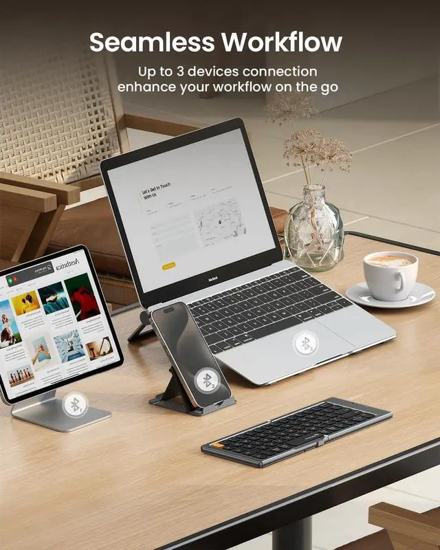 Alt view image 4 of 7 - ProtoArc Foldable Compact Keyboard, XK04 Portable Bluetooth Keyboard with PU Leather Cover, Pocket-Sized Wireless Travel Keyboard for iPad iPhone Smartphone Tablet Laptop (Gray)