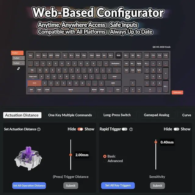 Alt view image 4 of 7 - Keychron Q6 HE Wireless Custom Mechanical 100% Full Keyboard, 2.4 GHz/Bluetooth/Wired QMK Rapid Trigger Hot-Swappable Programmable Gateron Double-Rail Magnetic Switches for Mac Windows, Carbon Black