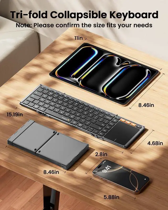 Alt view image 3 of 7 - ProtoArc Foldable Bluetooth Keyboard with Touchpad, XK01 TP Portable Folding Keyboard for Travel, Full Size Keys, Large Trackpad Bluetooth Keyboard for iPad Laptop PC Tablets - Black Gray