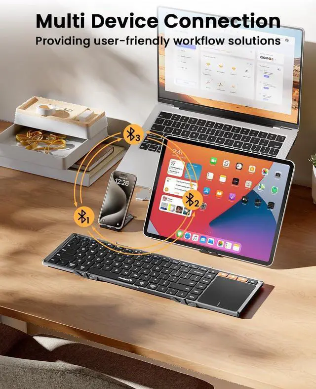 Alt view image 6 of 7 - ProtoArc Foldable Bluetooth Keyboard with Touchpad, XK01 TP Portable Folding Keyboard for Travel, Full Size Keys, Large Trackpad Bluetooth Keyboard for iPad Laptop PC Tablets - Black Gray