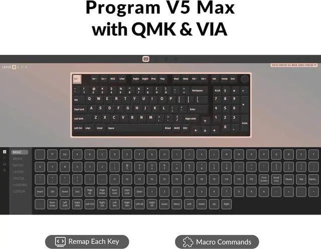 Alt view image 2 of 7 - Keychron V5 Max Wireless Custom Knob Mechanical Keyboard, QMK/VIA Programmable 96% Layout Bluetooth 5.1/2.4 GHz/Wired RGB with Hot-swappable Gateron Jupiter Red Switch Compatible with Mac Windows
