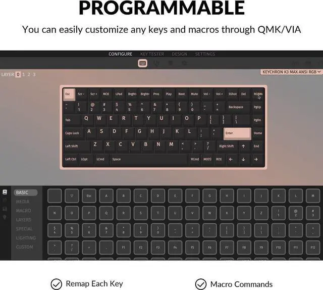 Alt view image 3 of 7 - Keychron K3 Max Ultra-slim Wireless Mechanical Keyboard, QMK/VIA Programmable Bluetooth 5.1/2.4 GHz/Wired with White Backlight Low Profile Gateron Mechanical Brown Switch Compatible with Mac Win Linux