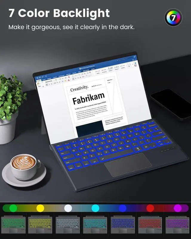 Alt view image 2 of 7 - MoKo Type Cover for Microsoft Surface Pro 7 Plus/7/6/5/4/3, Ultra-Slim Wireless Bluetooth Keyboard With Trackpad, 7-Color LED Backlit, Built-in Rechargeable Battery, Gray