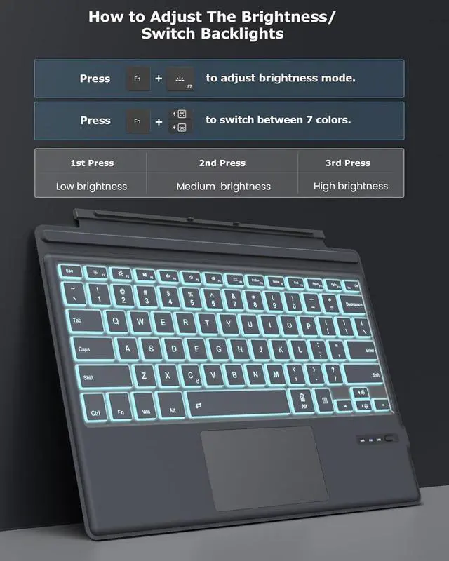 Alt view image 3 of 7 - MoKo Type Cover for Microsoft Surface Pro 7 Plus/7/6/5/4/3, Ultra-Slim Wireless Bluetooth Keyboard With Trackpad, 7-Color LED Backlit, Built-in Rechargeable Battery, Gray