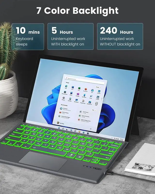 Alt view image 6 of 7 - MoKo Type Cover for Microsoft Surface Pro 7 Plus/7/6/5/4/3, Ultra-Slim Wireless Bluetooth Keyboard With Trackpad, 7-Color LED Backlit, Built-in Rechargeable Battery, Gray