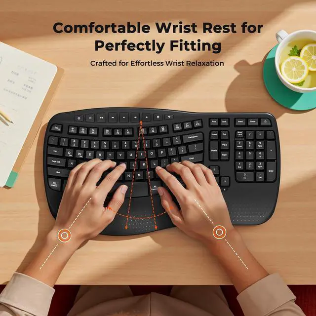 Alt view image 2 of 7 - MEETION Ergonomic Keyboard Wireless, Wave Keys Wrist Rest Natural Typing Keyboard, 2.4G Cordless USB A and USB C Adapter, Wireless Computer Keyboard Compatible with Windows/Mac/PC/Laptop, Black