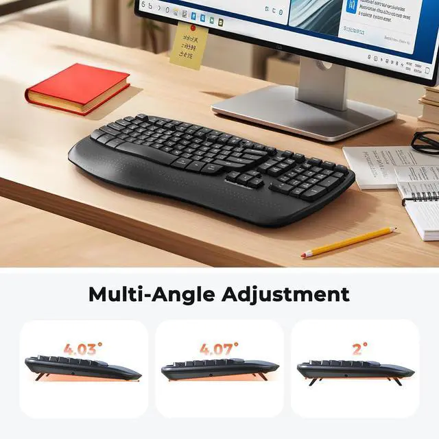 Alt view image 3 of 7 - MEETION Ergonomic Keyboard Wireless, Wave Keys Wrist Rest Natural Typing Keyboard, 2.4G Cordless USB A and USB C Adapter, Wireless Computer Keyboard Compatible with Windows/Mac/PC/Laptop, Black