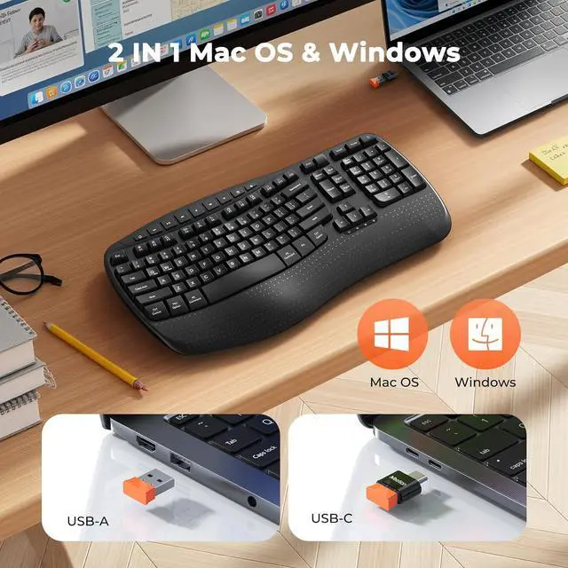 Alt view image 4 of 7 - MEETION Ergonomic Keyboard Wireless, Wave Keys Wrist Rest Natural Typing Keyboard, 2.4G Cordless USB A and USB C Adapter, Wireless Computer Keyboard Compatible with Windows/Mac/PC/Laptop, Black