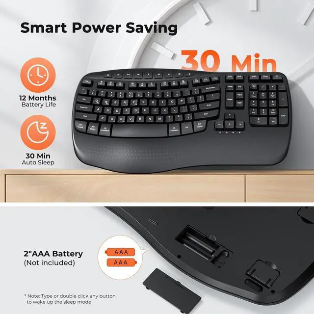 Alt view image 5 of 7 - MEETION Ergonomic Keyboard Wireless, Wave Keys Wrist Rest Natural Typing Keyboard, 2.4G Cordless USB A and USB C Adapter, Wireless Computer Keyboard Compatible with Windows/Mac/PC/Laptop, Black