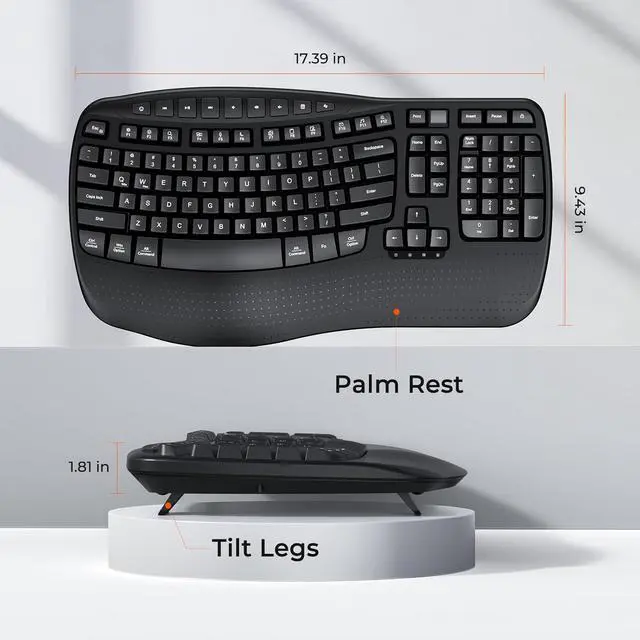 Alt view image 6 of 7 - MEETION Ergonomic Keyboard Wireless, Wave Keys Wrist Rest Natural Typing Keyboard, 2.4G Cordless USB A and USB C Adapter, Wireless Computer Keyboard Compatible with Windows/Mac/PC/Laptop, Black